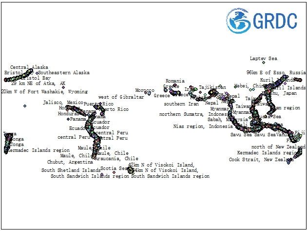 地震 （1900-2020， 深度： 70 - 300 km） （大规模）